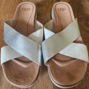 UGG Australia Kari Flat White Silver Metallic Sandals US Womens Size 6.5